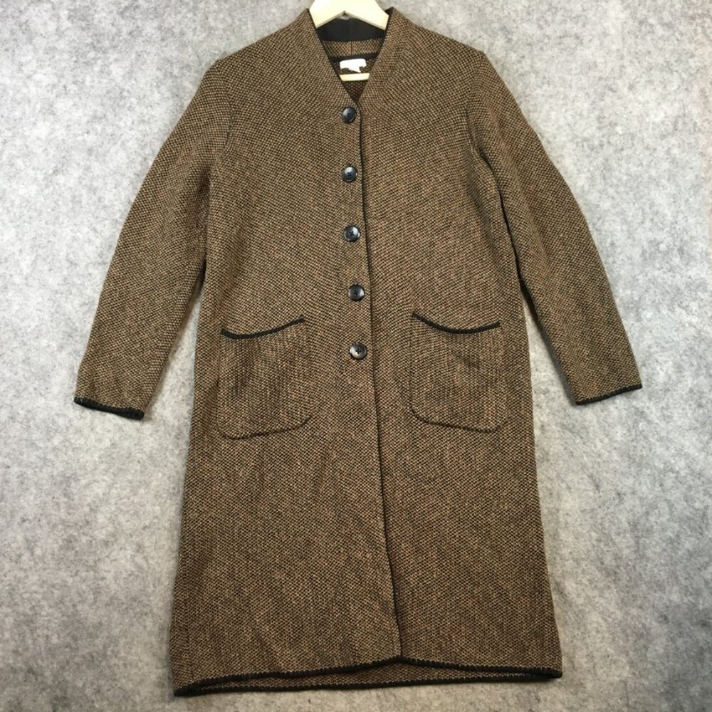 J Jill Coat SP Tweed V Neck Button Front Longline Car Career Brown Lined Cotton